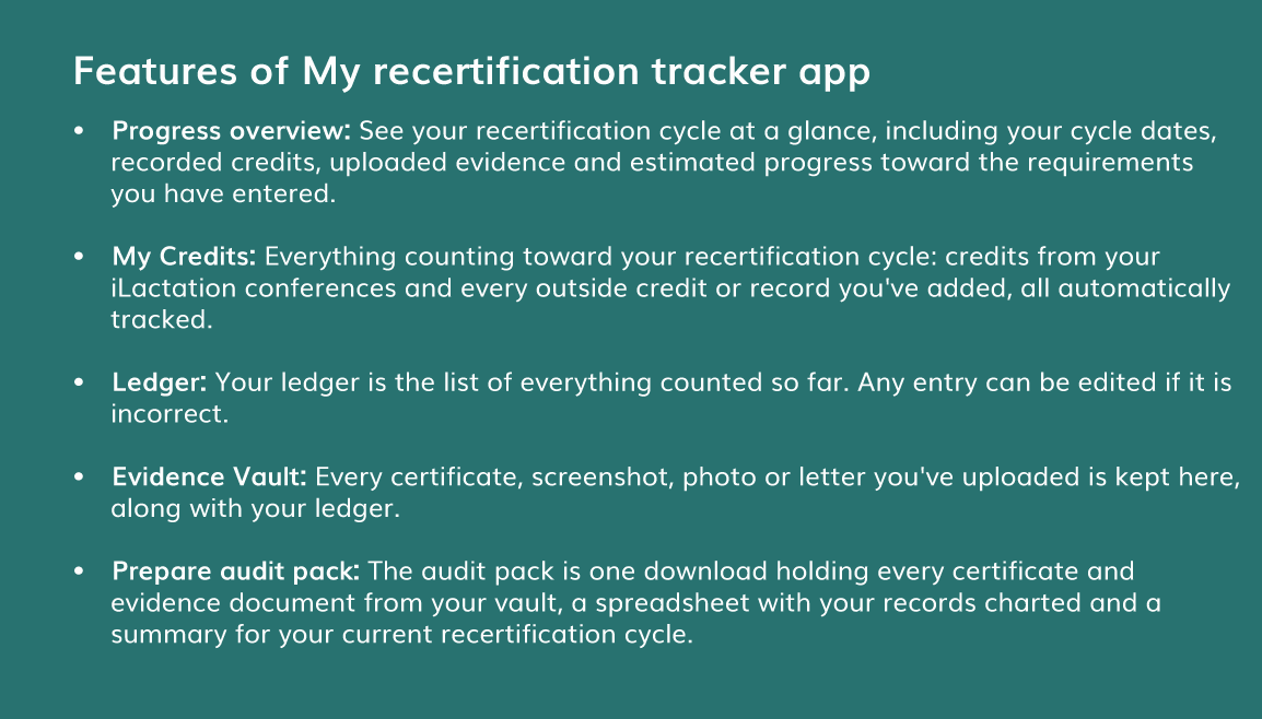iLactation’s My-Recertification tracker app features